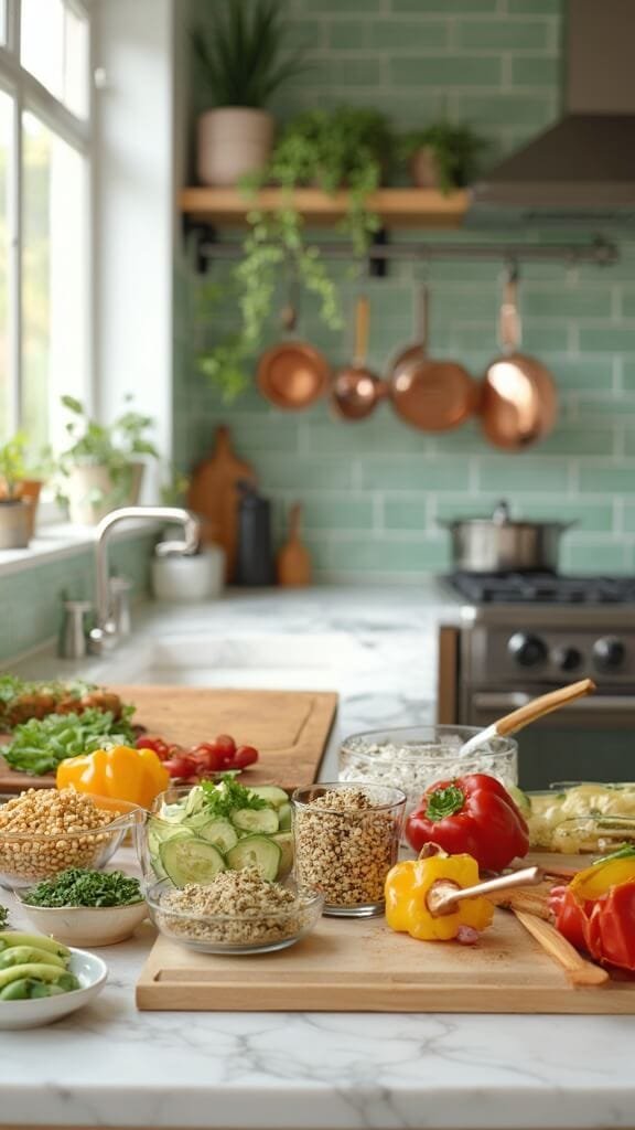 Healthy Picnic Food Ideas: Fresh, Simple &Amp; Delicious 3 Professional food photography in a modern kitchen with ingredients like quinoa, chickpeas and fresh vegetables neatly arranged in clear bowls on a white marble countertop, under natural daylight.