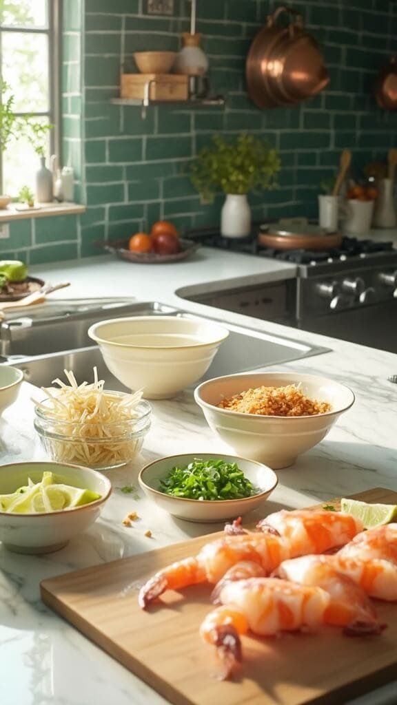 Ingredients for pad thai in prep bowls on a modern kitchen counter with natural daylight streaming in