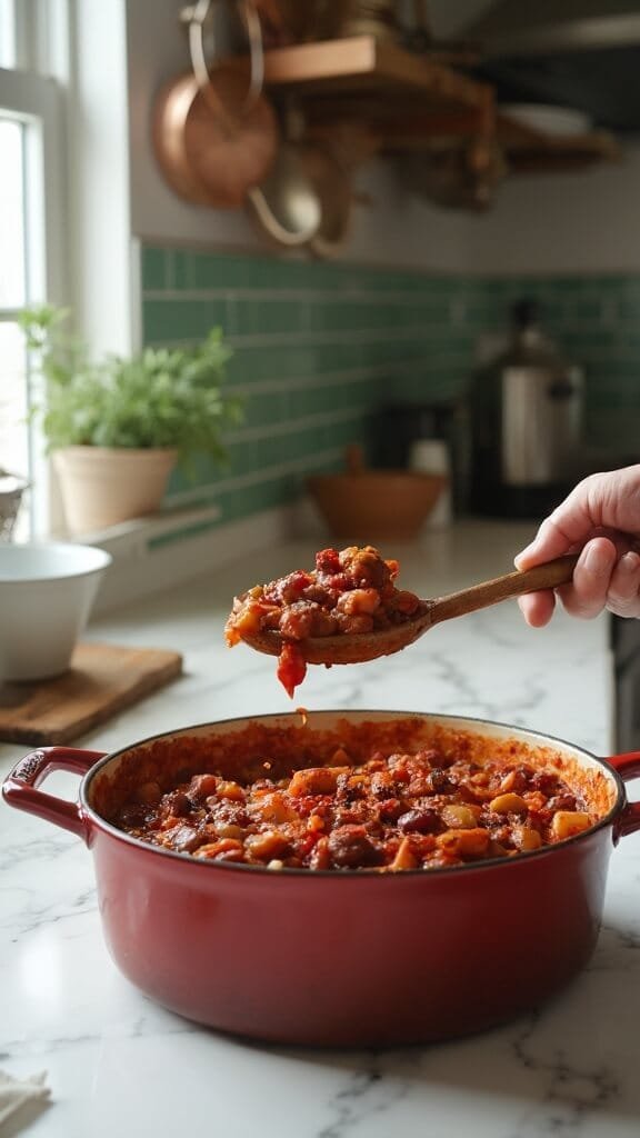 Classic Hearty Beef &Amp; Bean Chili 7 Thick, rich chili in a dutch oven with wooden spoon lifting a portion, in a modern kitchen with green subway tile backsplash and natural sunlight.
