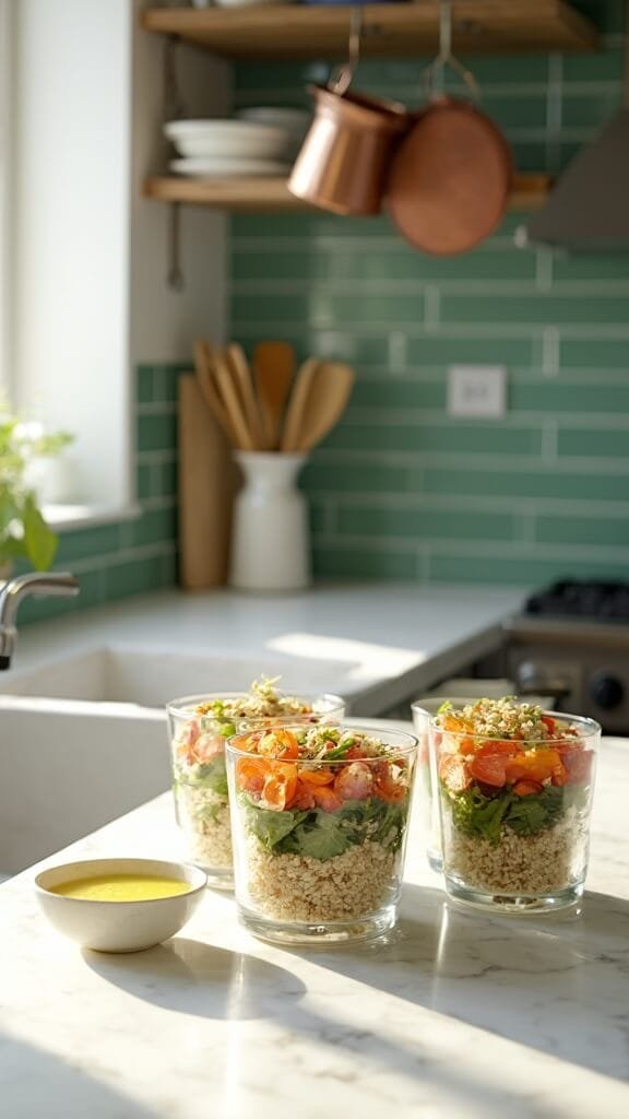 Healthy Picnic Food Ideas: Fresh, Simple &Amp; Delicious 5 Quinoa and vegetable meal prep in clear containers on a marble countertop in a modern kitchen, with fresh lemon dressing, wooden utensils, and modern cookware nearby, illuminated by natural daylight.