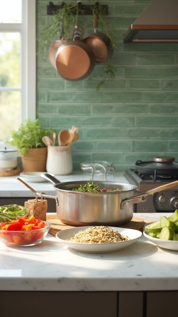 Healthy Picnic Food Ideas: Fresh, Simple &Amp; Delicious 4 Quinoa cooking in stainless steel pot and chopped vegetables in prep bowls in a modern kitchen with white marble countertops and green subway tile backsplash.