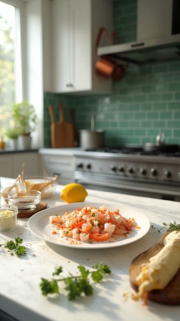 Garlic Butter Shrimp - A 15-Minute Restaurant-Quality Dish 3 Raw shrimp on a white ceramic plate in a modern kitchen with green subway tiles, next to bowls of spices, garlic, and parsley, with a fresh lemon and butter stick on white marble countertop under natural daylight.