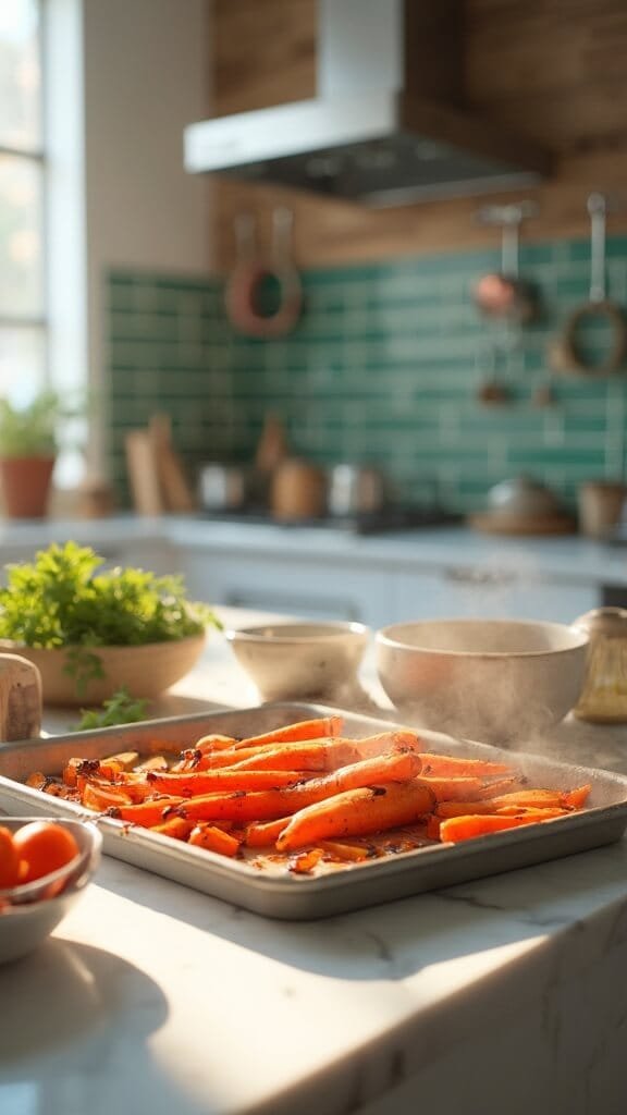 Perfect Roasted Carrots (Quick &Amp; Easy Side Dish) 6 Roasted carrots on baking sheet in modern kitchen with green subway tile backsplash and copper pots, natural daylight casting soft shadows
