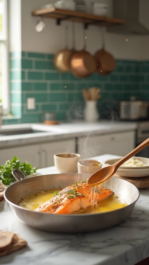 Perfect Garlic Butter Salmon 6 Flipped salmon in a pan with melting butter and garlic, wooden spoon basting with golden butter sauce in a modern kitchen with green subway tile backsplash and copper pots.