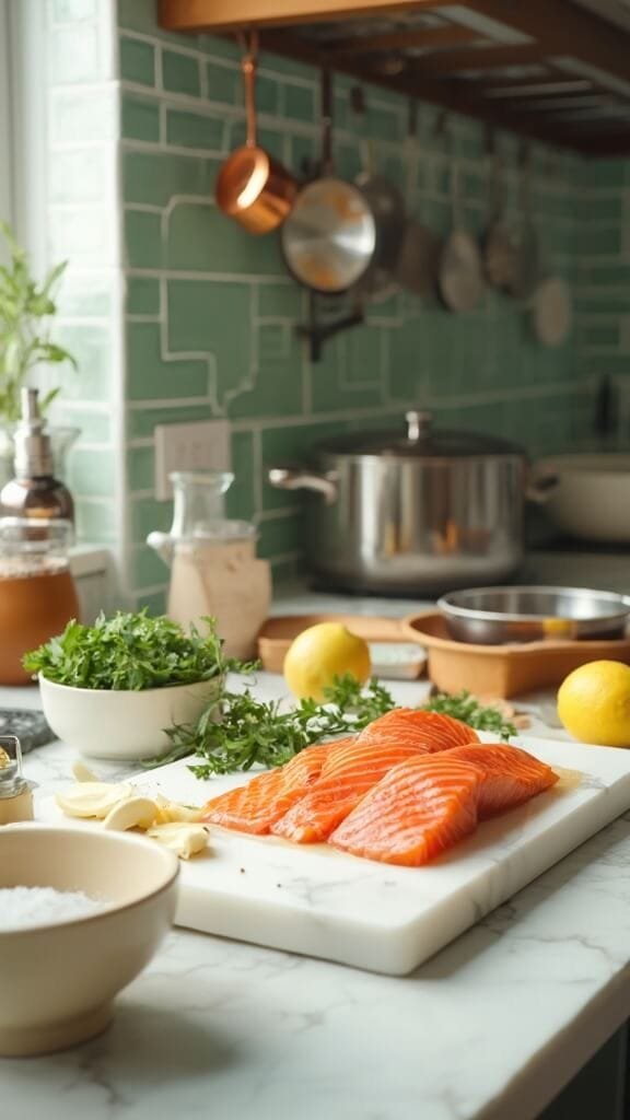 Perfect Garlic Butter Salmon 3 Raw salmon fillets on white marble cutting board with garlic, butter, parsley, and lemon in a modern kitchen with green subway tiles and warm color grading