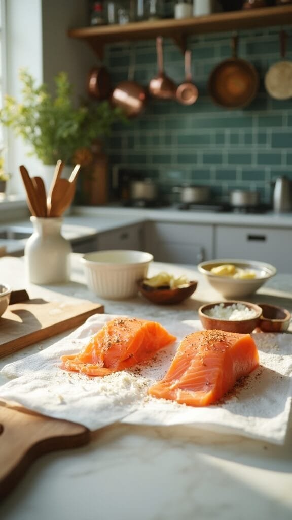 Perfect Garlic Butter Salmon 4 Salmon fillets being seasoned in a modern kitchen with white marble countertops, wooden utensils, and cream-colored ceramic bowls, with natural daylight streaming in