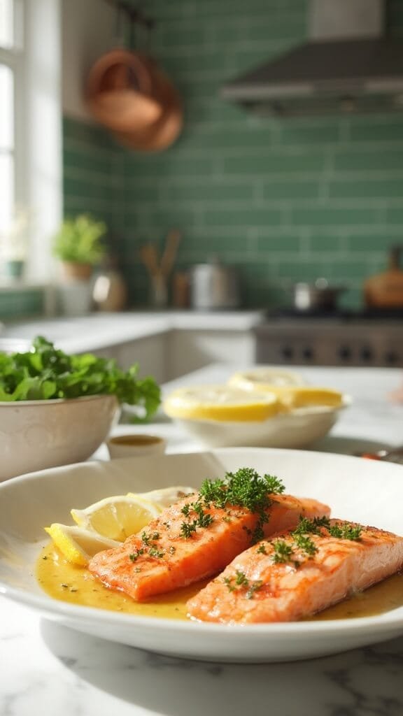 Perfect Garlic Butter Salmon 7 Salmon fillets garnished with parsley and lemon on a white platter in a modern kitchen, meat thermometer showing 145°f reading