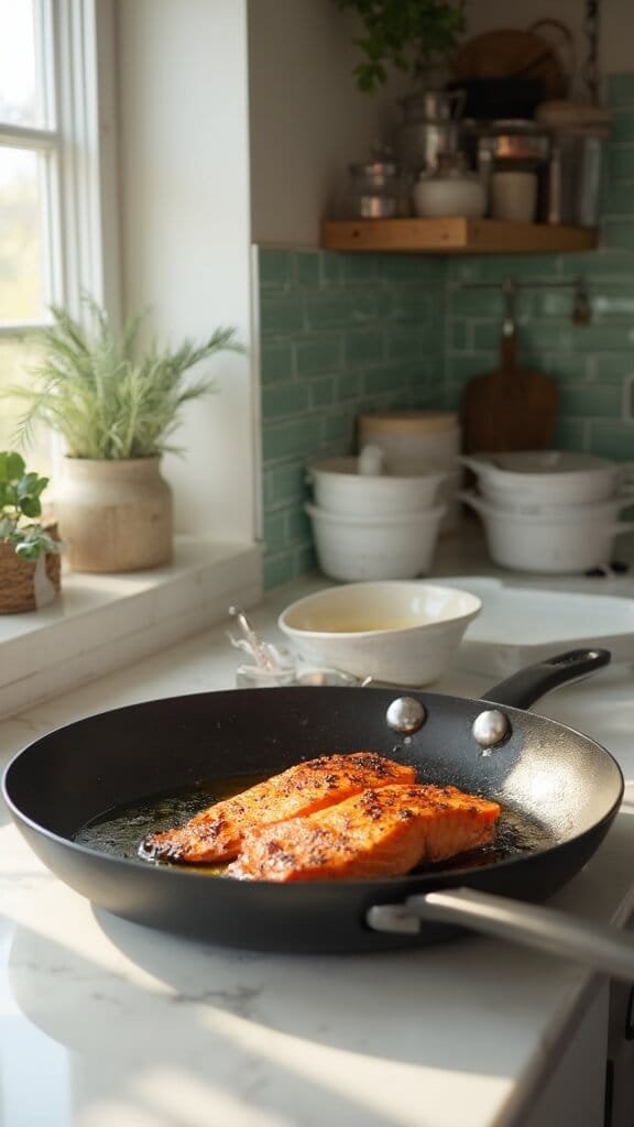Perfect Garlic Butter Salmon 5 Salmon fillets searing in a non-stick skillet in a modern kitchen with green subway tile backsplash, stainless steel appliances, and white marble countertops