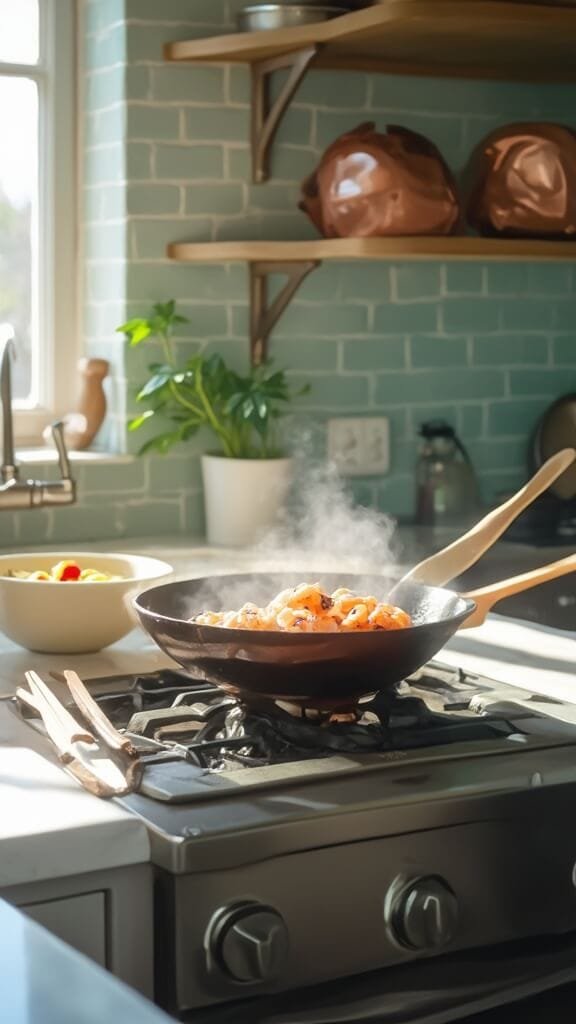 Shrimp searing in a carbon steel wok on a modern kitchen stovetop with green subway tile backsplash, cream-colored prep bowls, and wooden utensils, illuminated by natural daylight.