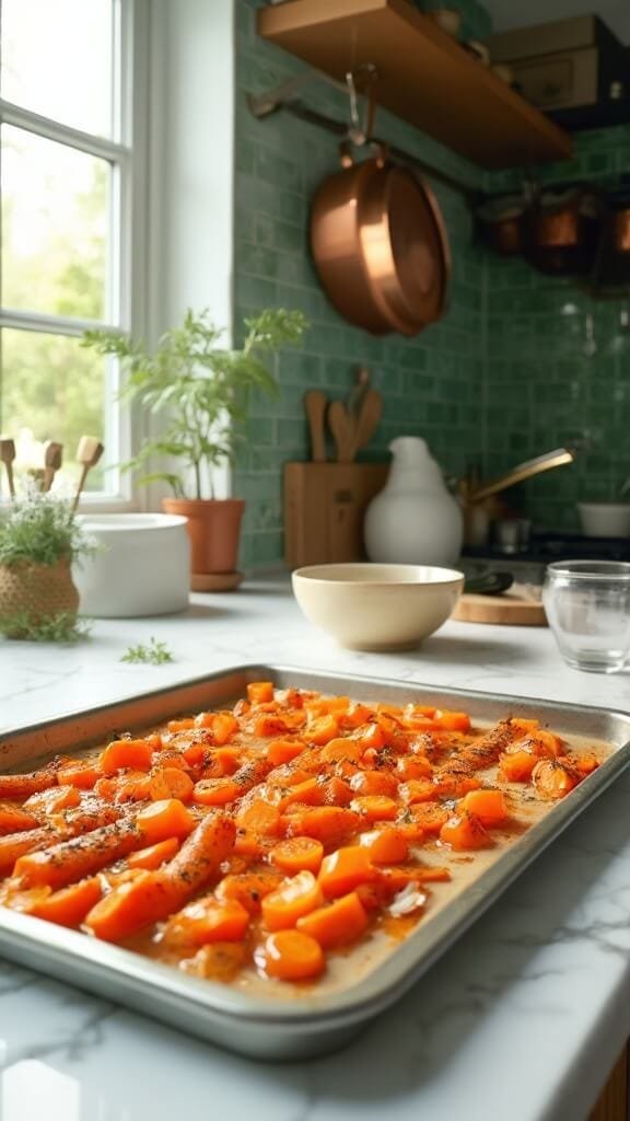 Perfect Roasted Carrots (Quick &Amp; Easy Side Dish) 5 Seasoned carrot pieces on a silver baking sheet in a modern kitchen with white marble countertops and green subway tile backsplash, lit by natural daylight