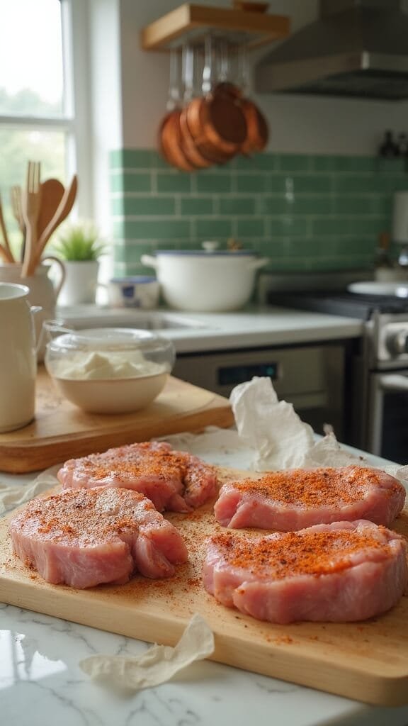 Perfect Juicy Baked Pork Chops (Healthy &Amp; Quick) 4 Seasoned pork chops on a wooden cutting board in a modern kitchen with green subway tile backsplash