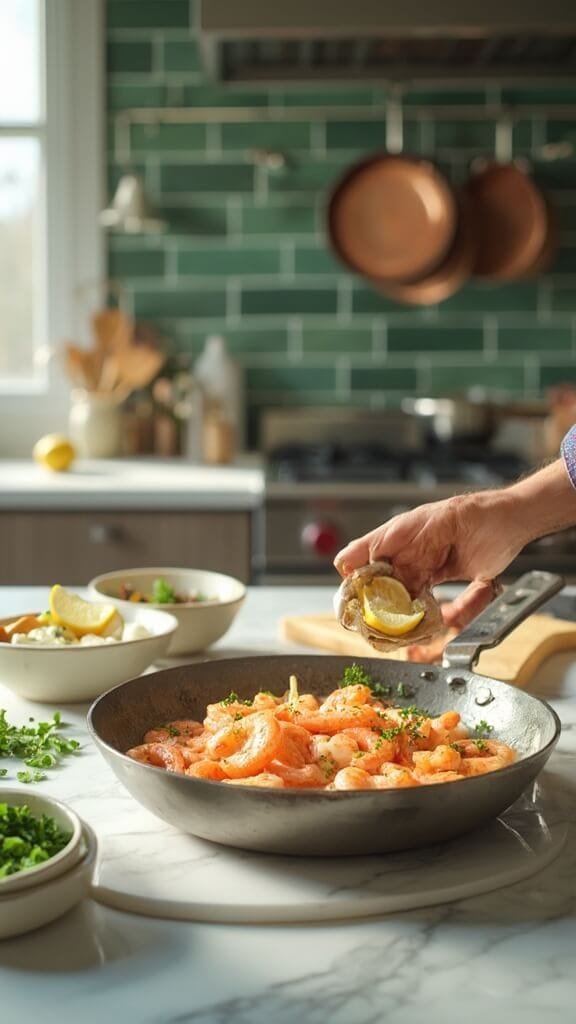 Garlic Butter Shrimp - A 15-Minute Restaurant-Quality Dish 6 Cooking scene in modern kitchen featuring shrimp dish preparation with fresh lemon and parsley, shot from above