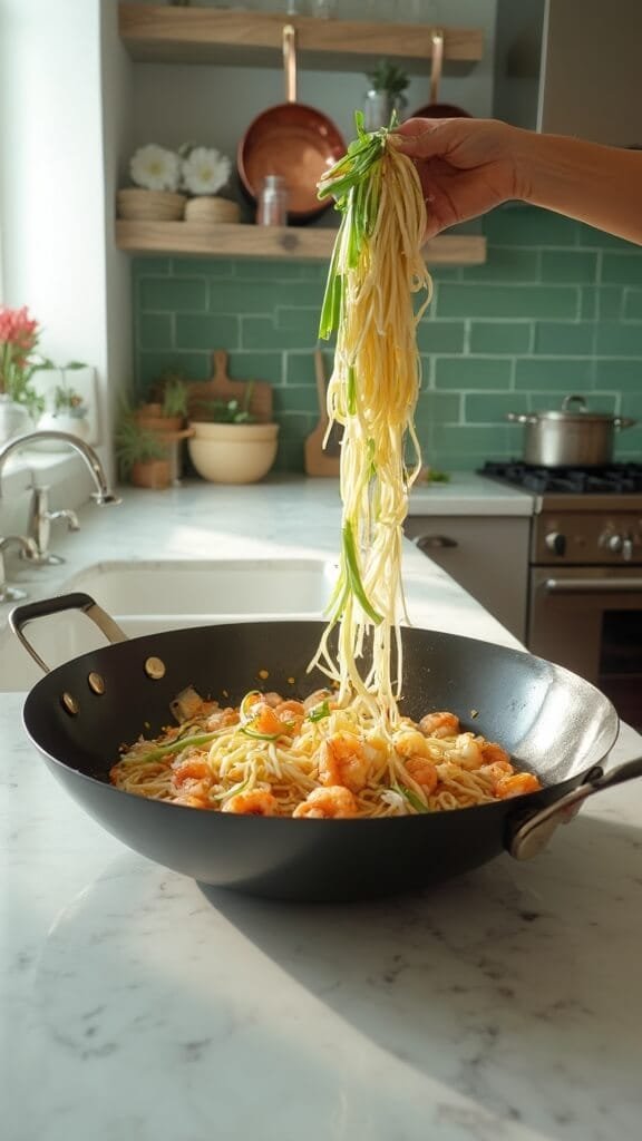 Bean sprouts and garlic chives being added to wok on a modern kitchen countertop, under natural daylight