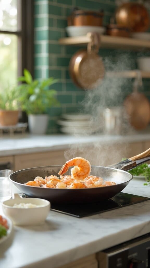 Garlic Butter Shrimp - A 15-Minute Restaurant-Quality Dish 5 Shrimp cooking in a skillet in a modern kitchen with green subway tile backsplash, wooden utensils and cream-colored prep bowls, lit by natural daylight