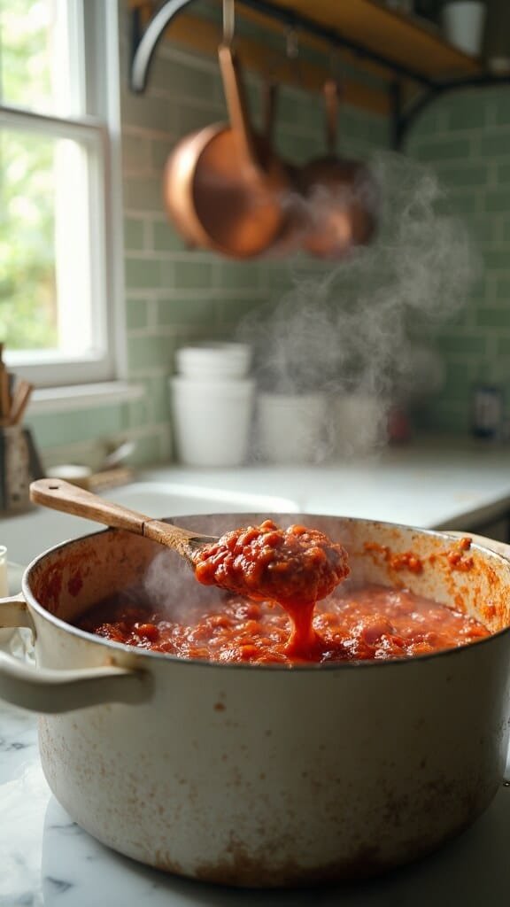 Classic Hearty Beef &Amp; Bean Chili 6 Rich, simmering chili in a dutch oven on a modern kitchen countertop with warm, earthy color grading