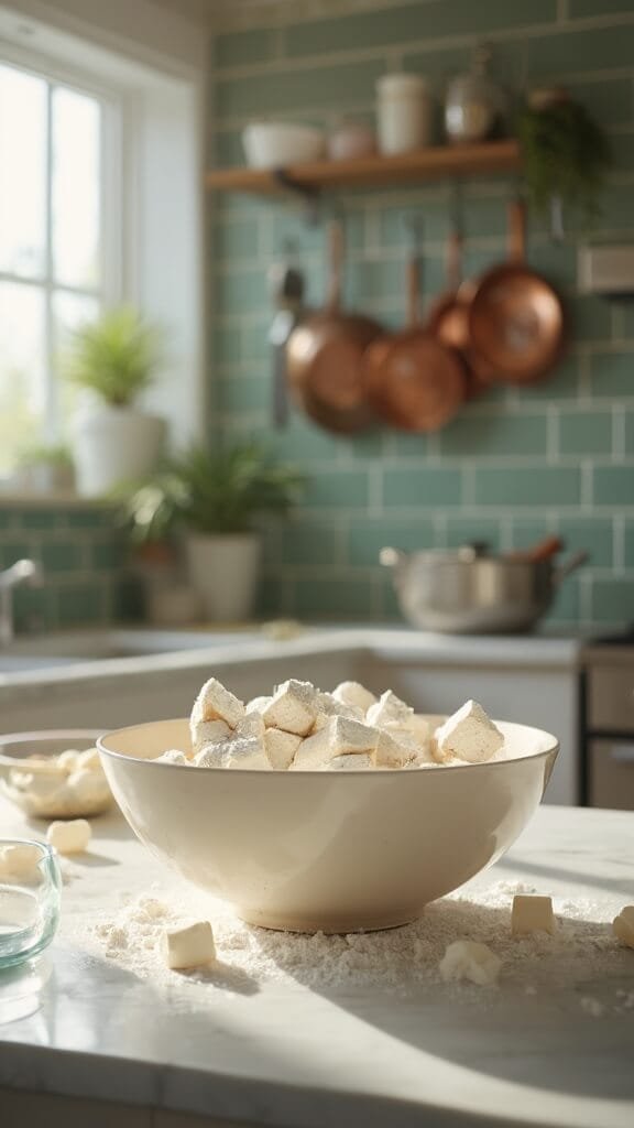 Crispy Pan-Fried Tofu (Vegan, Gluten-Free) 5 Tofu cubes being tossed in cornstarch in a cream-colored bowl in a modern kitchen with green subway tile backsplash and warm lighting