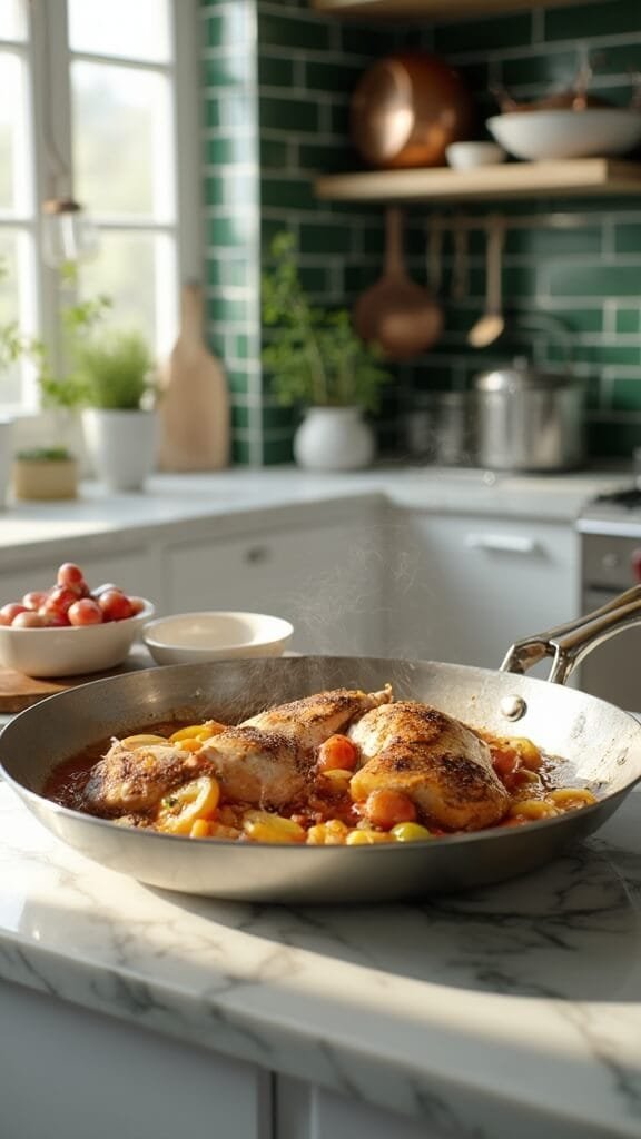 Healthier Homemade Lasagna (High-Protein, Veggie-Packed) 4 Browned turkey meat with sautéed vegetables in a stainless steel skillet on a marble countertop, under natural daylight, in a green-tiled modern kitchen