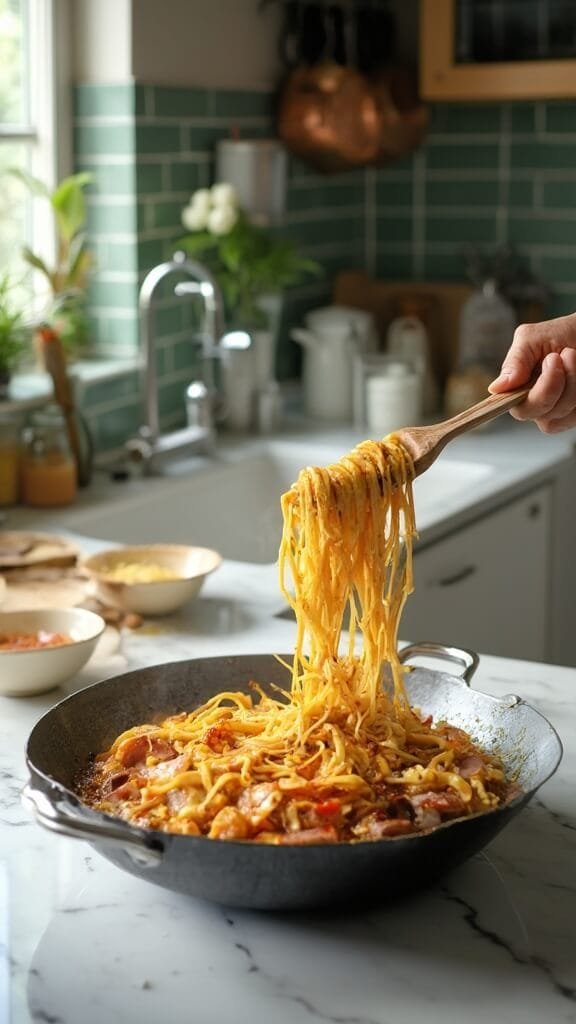 Professional food photography of rice noodles being cooked in a wok in a modern kitchen with green subway tile backsplash, white marble countertops and stainless steel appliances.