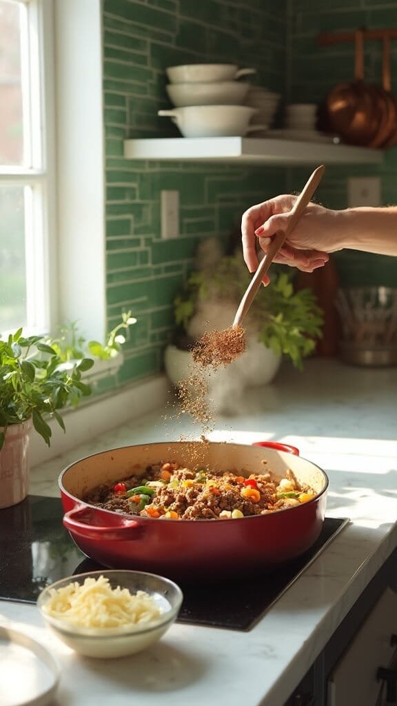 Classic Hearty Beef &Amp; Bean Chili 5 Professional kitchen scene with sautéed onions, peppers and browned beef in dutch oven with vibrant spices being added, illuminated by natural daylight