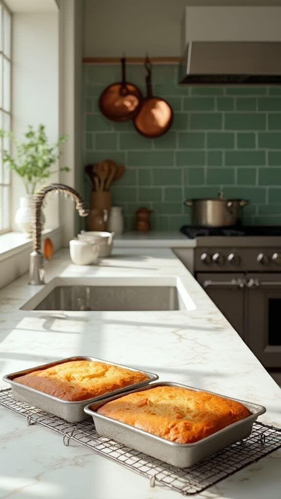 Golden-brown cake layers cooling on wire rack in modern kitchen with green subway tile backsplash and warm, earthy color scheme