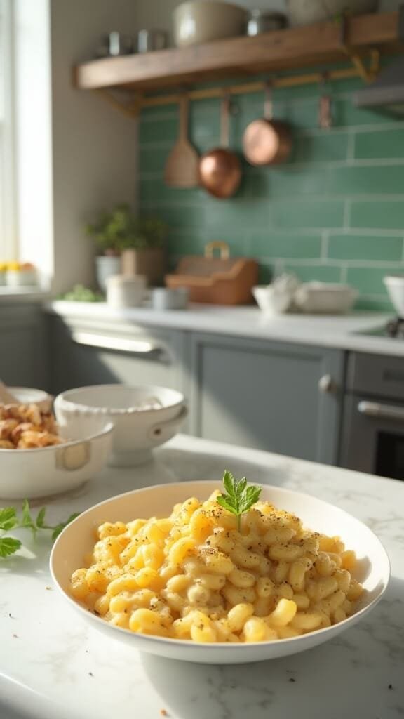 Healthier Mac And Cheese Recipe 7 Professional food photography of mac and cheese in a modern kitchen with daylight streaming in, taken with a canon 5d mark iv at a 45-degree angle.