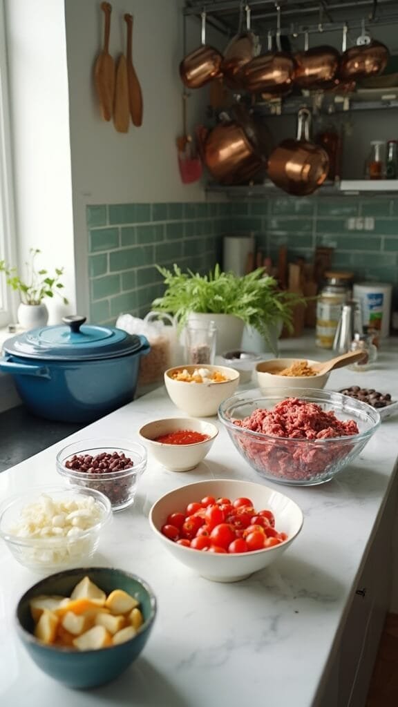 Classic Hearty Beef &Amp; Bean Chili 3 Professional kitchen setup with measured ingredients for a recipe including ground beef, diced onions, peppers, garlic, spices, and canned beans, along with modern cookware and a blue enameled dutch oven.
