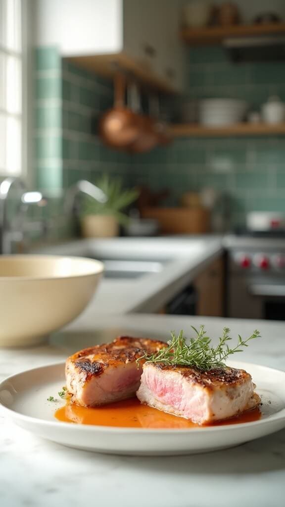 Perfect Juicy Baked Pork Chops (Healthy &Amp; Quick) 7 Perfectly cooked pork chops garnished with fresh thyme on a white ceramic plate in a modern kitchen with green subway tiles and copper pots