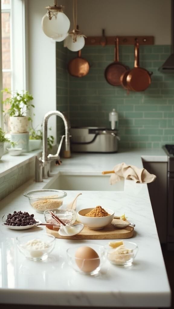 Professional food photography in a modern kitchen with ingredients like coconut oil, sugar, egg, vanilla extract, and dark chocolate chips arranged in glass bowls on a white marble countertop, with soft natural daylight coming from the window.