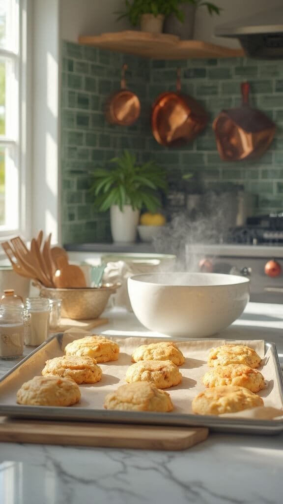 Professional food photography in a modern kitchen featuring freshly baked cookies on a baking sheet, modern cookware, and warm, earthy colors
