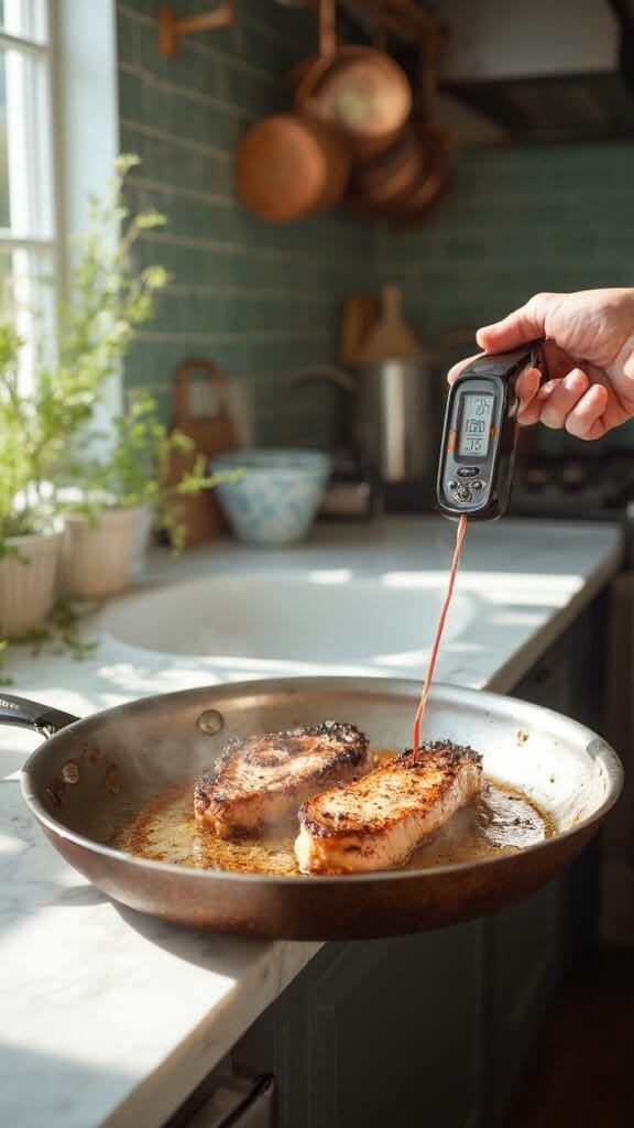 Perfect Juicy Baked Pork Chops (Healthy &Amp; Quick) 6 Digital meat thermometer showing 145°f inserted into pork chop in oven-safe skillet set on modern kitchen countertop with warm, earthy aesthetic