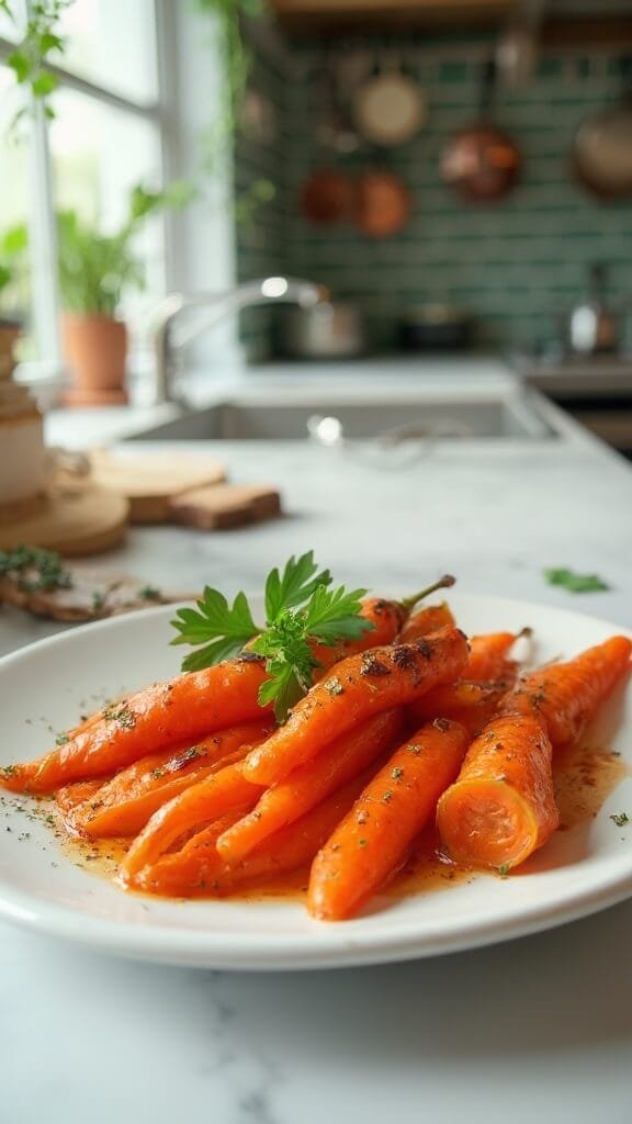 Perfect Roasted Carrots (Quick &Amp; Easy Side Dish) 7 Roasted carrots garnished with fresh parsley in a white ceramic dish, shot in a modern kitchen with green subway tile backsplash under natural daylight.