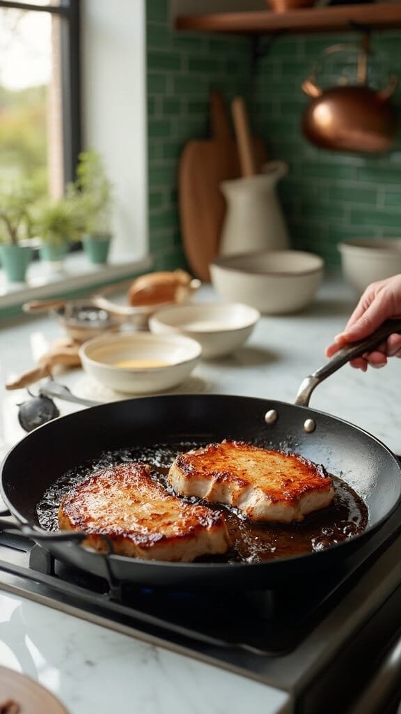 Perfect Juicy Baked Pork Chops (Healthy &Amp; Quick) 5 Two pork chops searing in a cast-iron skillet in a modern kitchen with white marble countertops and green subway tile backsplash
