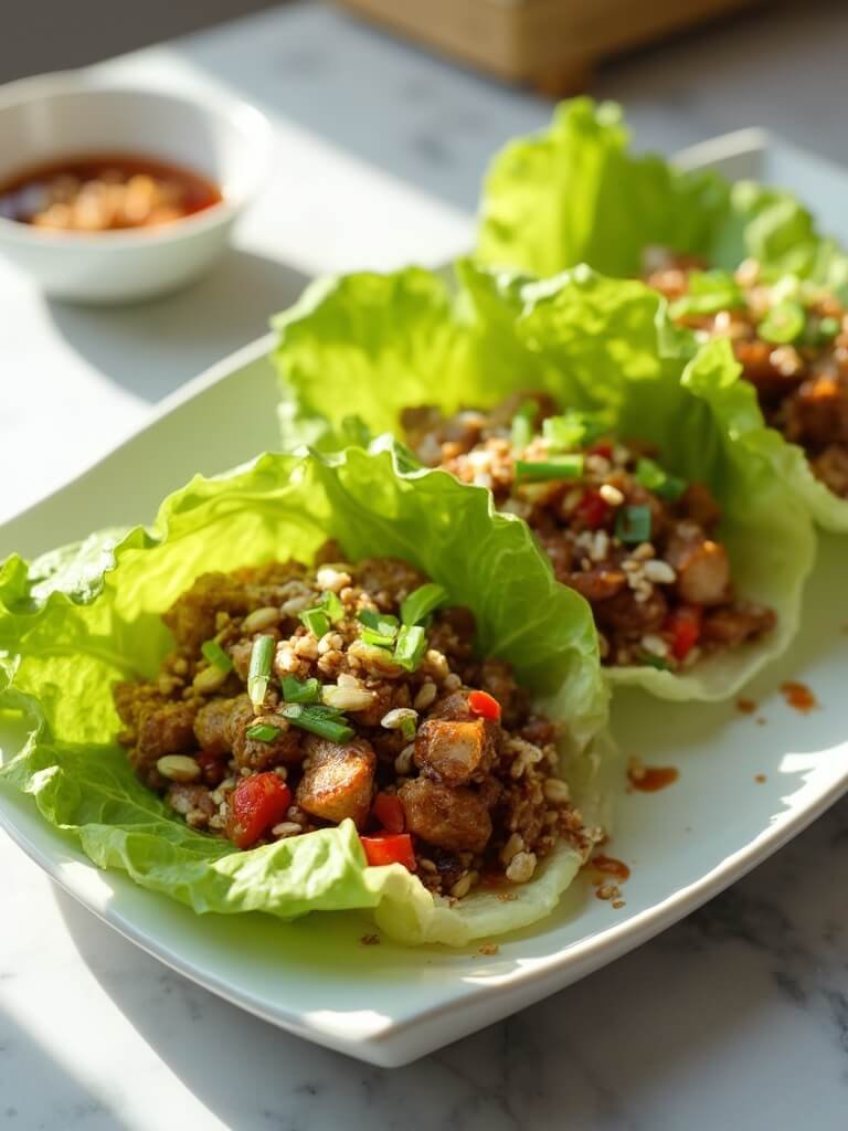 Asian Ground Chicken Lettuce Wraps 2 "asian chicken lettuce wraps with ground chicken, diced red peppers, and water chestnuts, garnished with green onions and crushed peanuts on white ceramic platter"