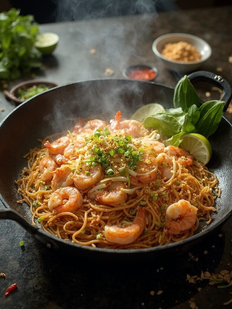 "overhead shot of steaming hot pad thai with shrimp, in a wok, amidst fresh ingredients and chopsticks on a granite countertop. "