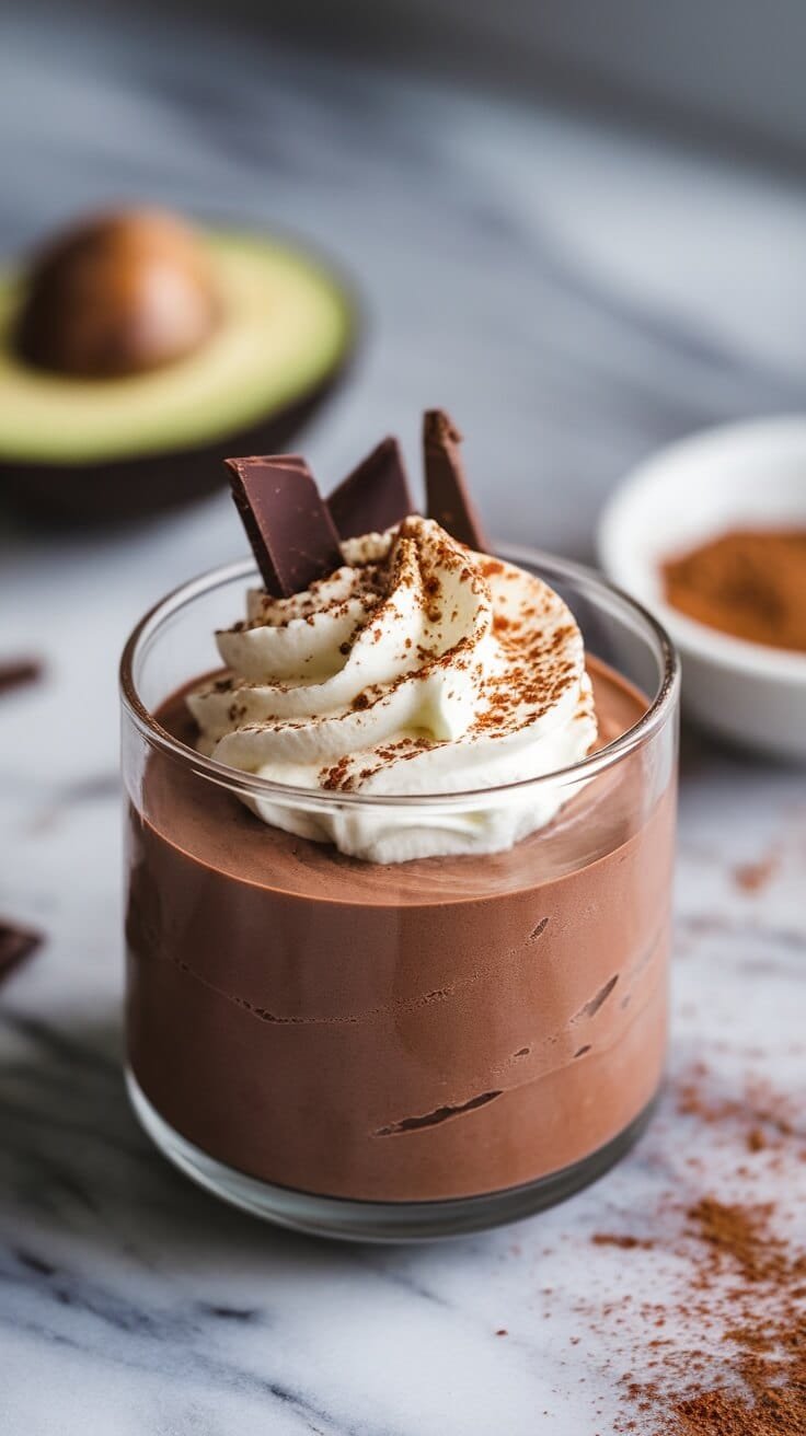 10 Irresistible Keto &Amp; Sugar-Free Desserts For Guilt-Free Indulgence 3 A glass of avocado chocolate mousse topped with whipped cream and chocolate pieces, with an avocado in the background.