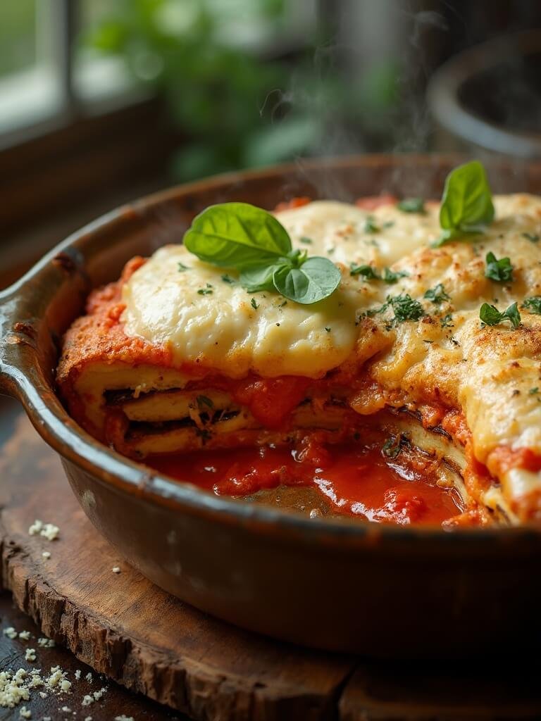 Oven-Baked Eggplant Parmesan (Healthier No-Fry Method) 2 "baked eggplant parmesan with melted mozzarella and marinara sauce in a rustic dish, garnished with fresh basil"