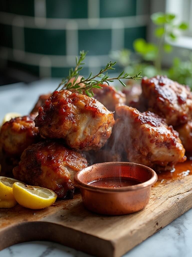 "glazed bbq chicken thighs on a wooden serving board, garnished with thyme and charred lemons in a kitchen setting"