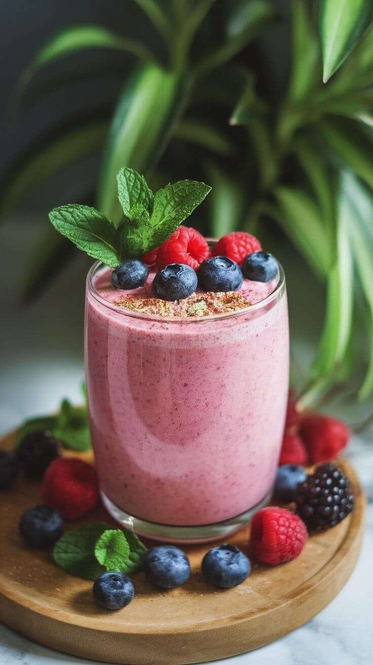 6 High-Protein Recipes For Muscle Recovery And Growth 8 A berry protein smoothie in a glass, decorated with fresh berries and mint leaves.