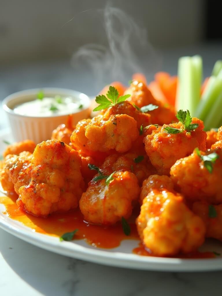 "crispy buffalo cauliflower wings with vegan ranch dressing on a white plate, served with celery sticks and baby carrots, garnished with parsley, on a marble countertop"