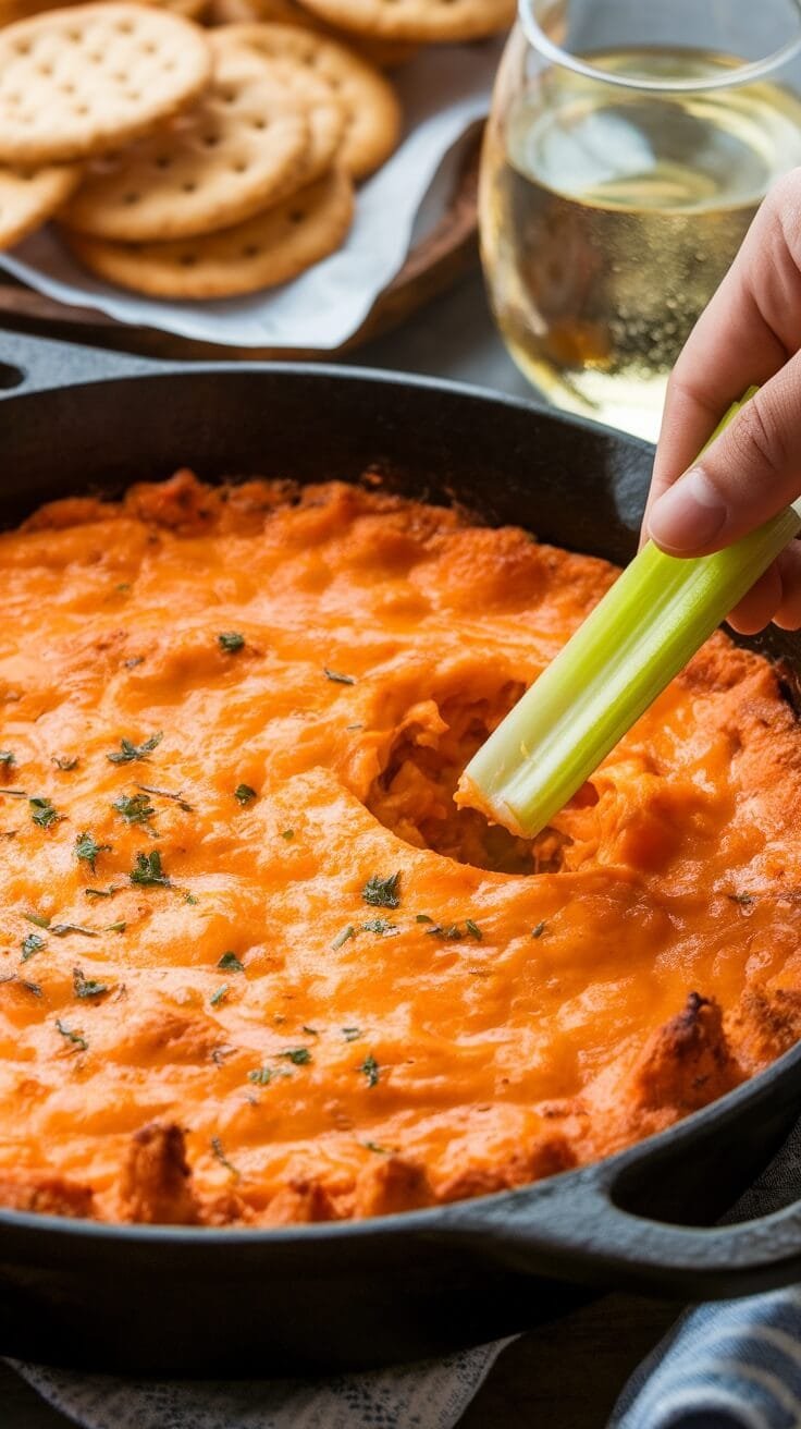 7 Irresistible Low-Carb Snacks For Your Keto Lifestyle 7 Buffalo chicken dip in a skillet with a celery stick being dipped in