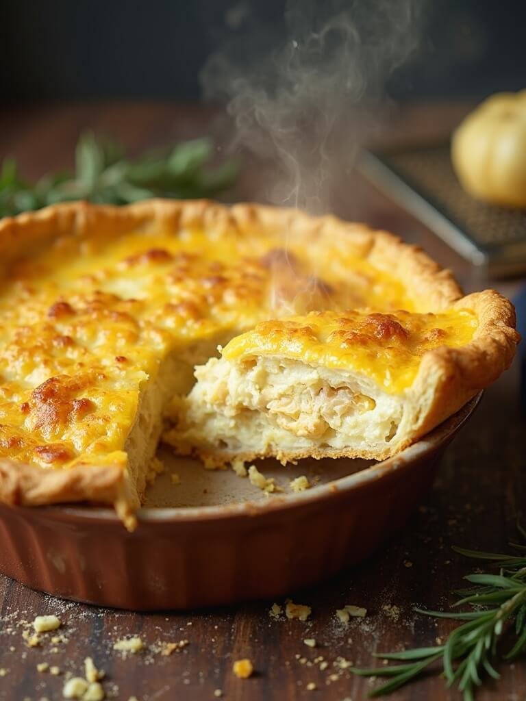 "close-up of freshly baked cauliflower cheese pie in a rustic dish, with steam rising from a cut wedge, on a wooden surface with scattered herbs and vintage cheese grater"