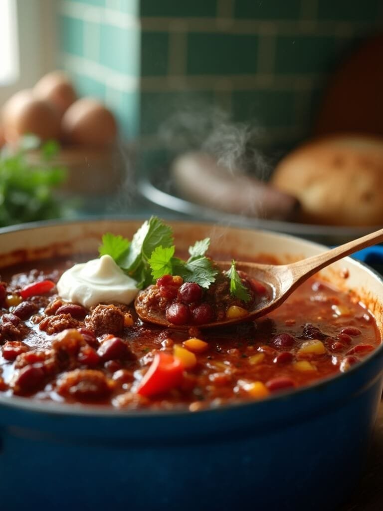 Classic Hearty Beef &Amp; Bean Chili 2 "hearty beef and bean chili in a dutch oven with fresh garnish, wooden spoon, on a kitchen counter"