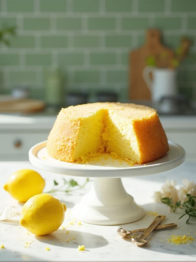 "golden-yellow lemon cake on white stand with fresh lemons and kitchen utensils, in a naturally-lit modern kitchen"