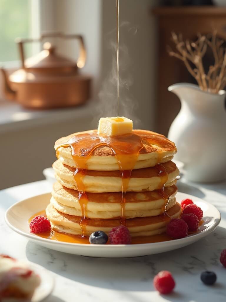 "stack of three fluffy pancakes with melted butter and maple syrup, garnished with fresh berries on a marble surface, with a copper kettle and ceramic pitcher in the background"