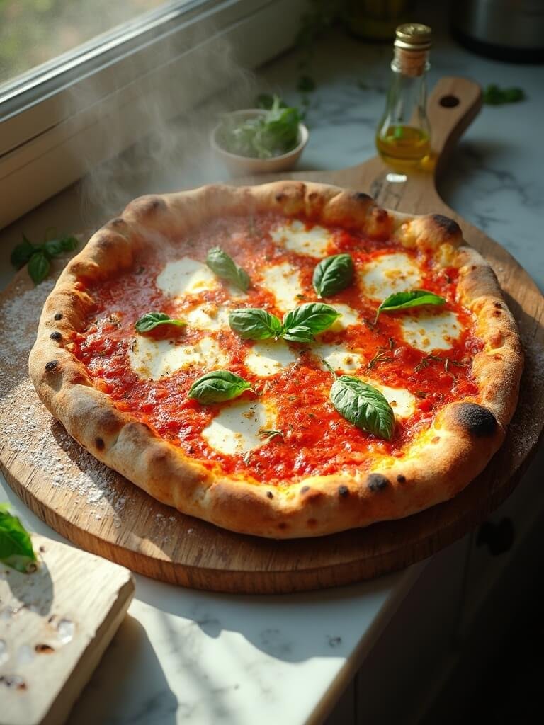 "freshly baked margherita pizza with fresh mozzarella, basil and tomato sauce on a rustic pizza peel in a modern kitchen"