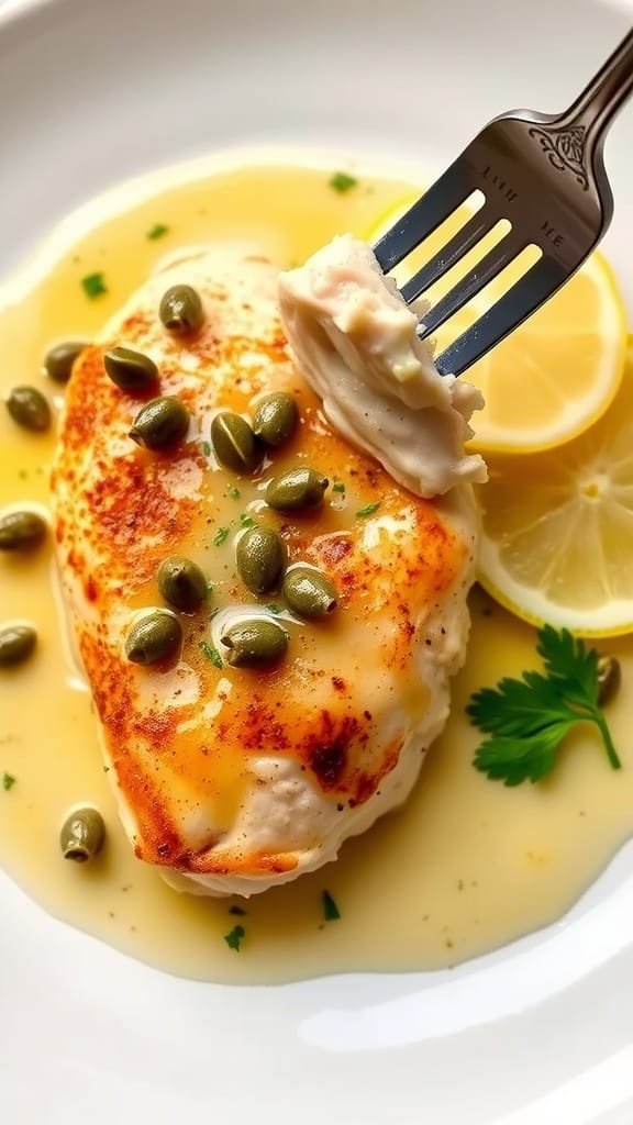 10 Low-Carb Italian Favorites That Are Full Of Flavor 8 A close-up of classic chicken piccata with lemon caper sauce in a skillet, garnished with lemon slices and capers.