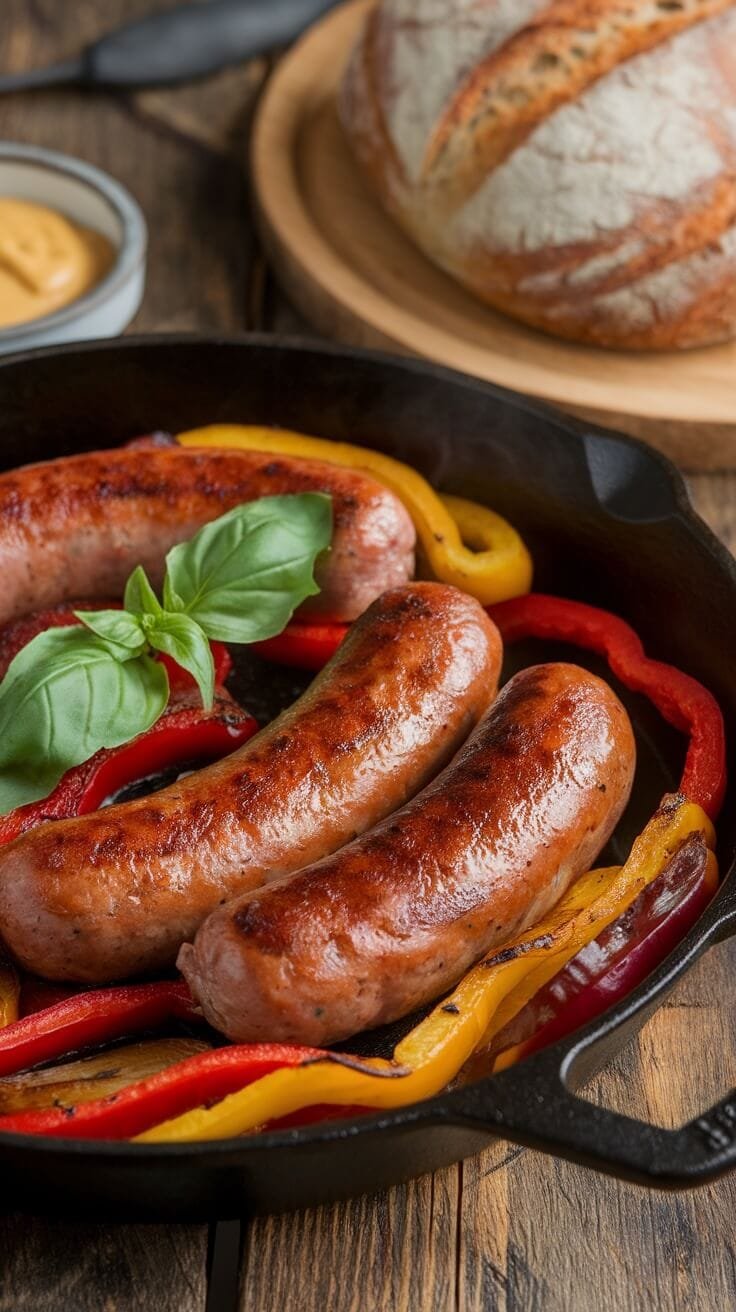 10 Low-Carb Italian Favorites That Are Full Of Flavor 12 A cast-iron skillet filled with italian sausages and colorful bell peppers, garnished with fresh basil.