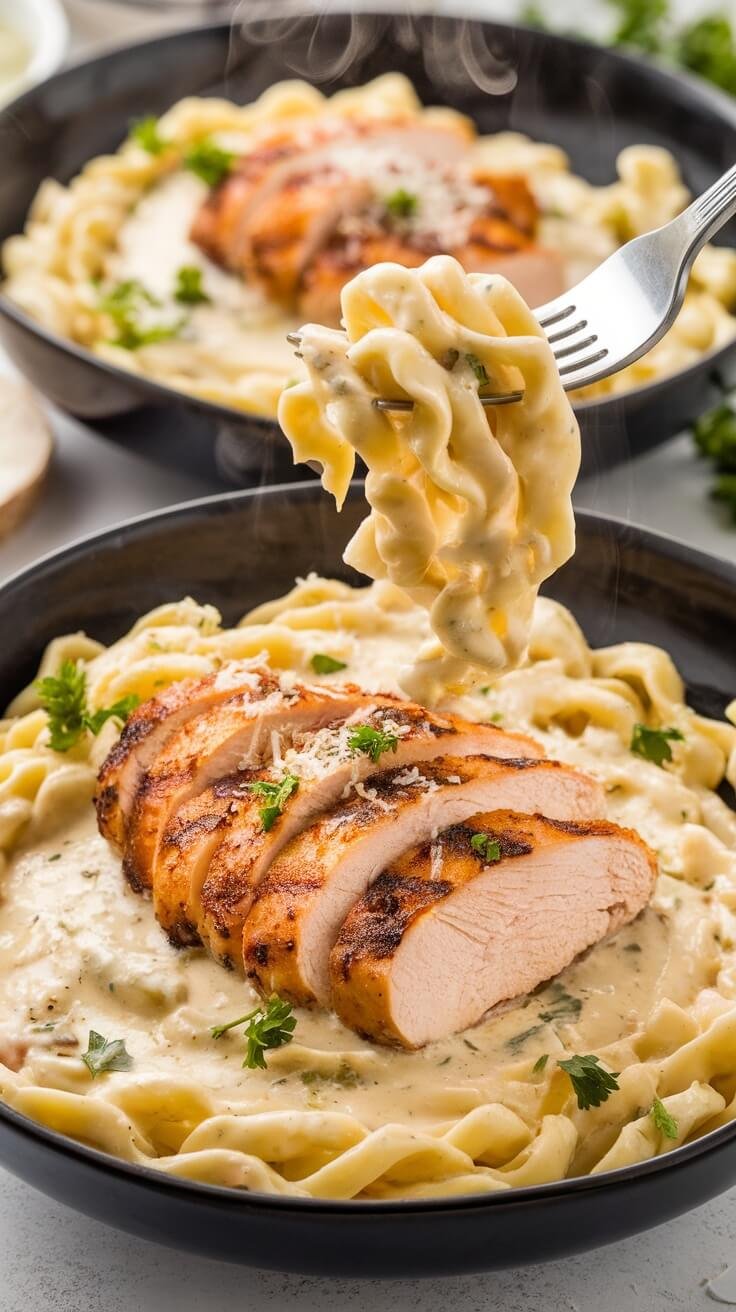 10 Low-Carb Italian Favorites That Are Full Of Flavor 9 A bowl of creamy chicken alfredo with grilled chicken slices on top and cauliflower noodles.