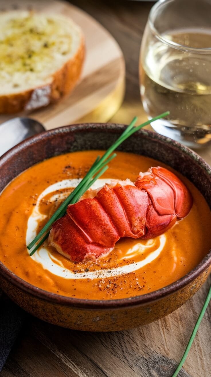 7 Elegant Keto Seafood Dishes You Can Easily Make At Home 5 A bowl of creamy lobster bisque topped with lobster meat and chives, alongside a slice of garlic bread and a glass of white wine.