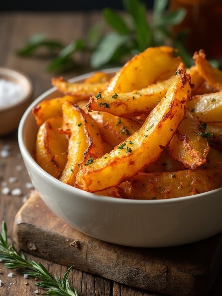 "crispy baked red potato wedges with herbs and spices on rustic wooden background"